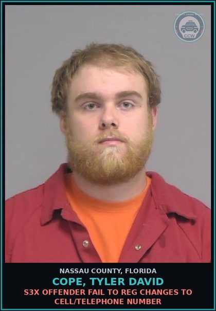 CCW arrest card for COPE, TYLER DAVID in Nassau County: s3x OFFENDER FAIL TO REG CHANGES TO CELL/TELEPHONE NUMBER