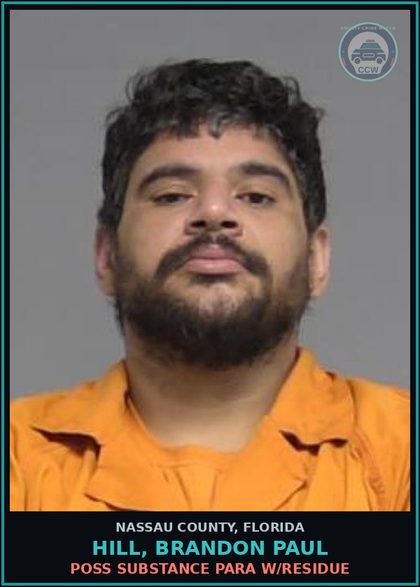 CCW arrest card for HILL, BRANDON PAUL in Nassau County: POSS DRUG PARA W/RESIDUE