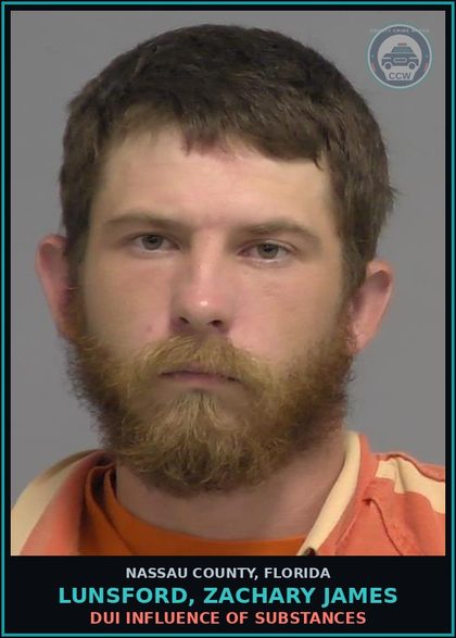 CCW arrest card for LUNSFORD, ZACHARY JAMES in Nassau County: POSS DRUG PARA W/RESIDUE