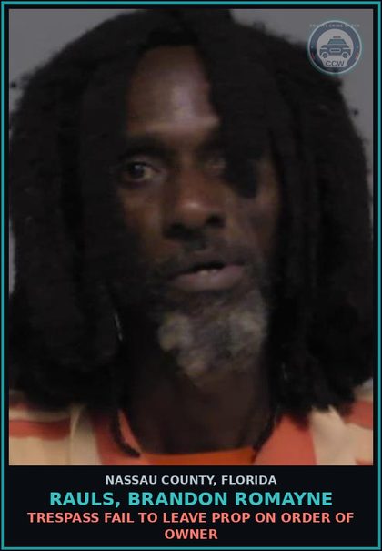 CCW arrest card for RAULS, BRANDON ROMAYNE in Nassau County: TRESPASS FAIL TO LEAVE PROP ON ORDER OF OWNER