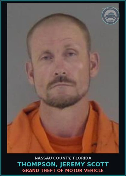 CCW arrest card for THOMPSON, JEREMY SCOTT in Nassau County: GRAND THEFT OF MOTOR VEHICLE