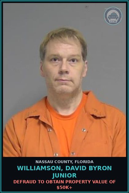 CCW arrest card for WILLIAMSON, DAVID BYRON Junior in Nassau County: GRAND 1ST DEGREE 100K DOLS MORE OR LEO SEMI