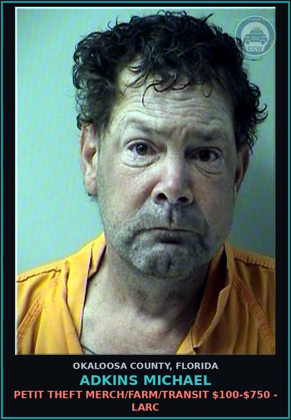 CCW arrest card for Adkins Michael in Okaloosa County: Unoccupied Structure Unarmed