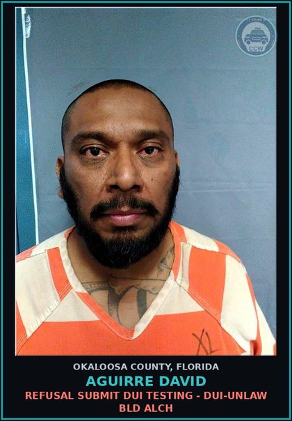 CCW arrest card for Aguirre David in Okaloosa County: REFUSAL SUBMIT DUI TESTING - DUI-UNLAW BLD ALCH