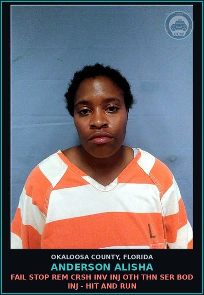 CCW arrest card for Anderson Alisha in Okaloosa County: FAIL STOP REM CRSH INV INJ OTH THN SER BOD INJ - HIT AND RUN