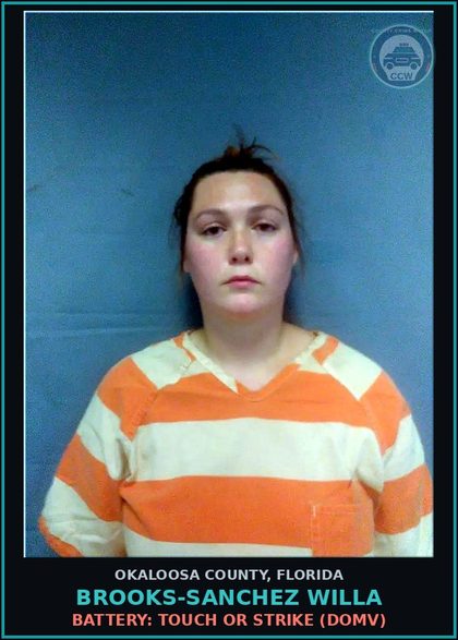 CCW arrest card for Brooks-Sanchez Willa in Okaloosa County: BATTERY: TOUCH OR STRIKE (DOMV)