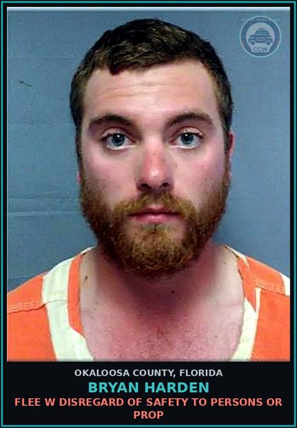 CCW arrest card for Bryan Harden in Okaloosa County: Flee W Disregard Of Safety To Persons Or Prop