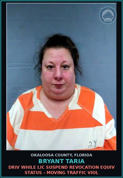 CCW arrest card for Bryant Taria in Okaloosa County: DRIV WHILE LIC SUSPEND REVOCATION EQUIV STATUS - MOVING TRAFFIC VIOL