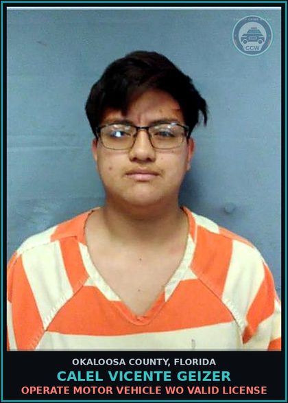 CCW arrest card for Calel Vicente Geizer in Okaloosa County: Operate Motor Vehicle Wo Valid License