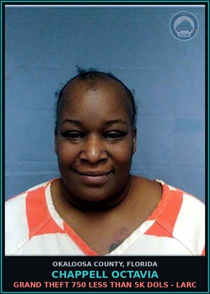 CCW arrest card for Chappell Octavia in Okaloosa County: GRAND THEFT 750 LESS THAN 5K DOLS - LARC