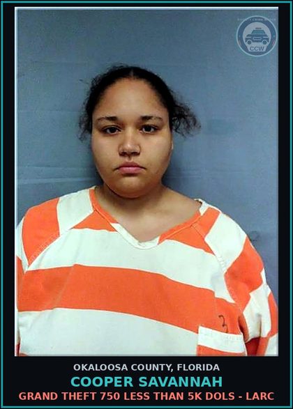 CCW arrest card for Cooper Savannah in Okaloosa County: GRAND THEFT 750 LESS THAN 5K DOLS - LARC