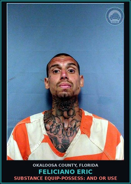 CCW arrest card for Feliciano Eric in Okaloosa County: DRUG EQUIP-POSSESS: AND OR USE