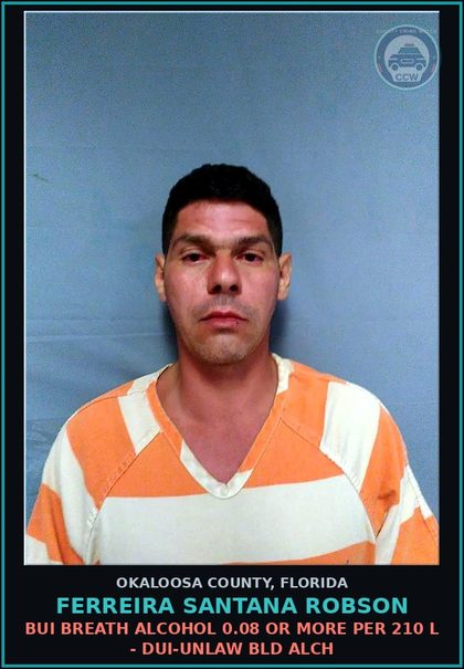 CCW arrest card for Ferreira Santana Robson in Okaloosa County: BUI BREATH ALCOHOL 0.08 OR MORE PER 210 L - DUI-UNLAW BLD ALCH