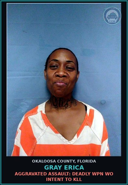 CCW arrest card for Gray Erica in Okaloosa County: AGGRAVATED ASSAULT: DEADLY WPN WO INTENT TO KILL