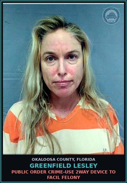 CCW arrest card for Greenfield Lesley in Okaloosa County: DISTRB TRANSMIT SHOW OBSCENE MATERIAL TO MINOR - OBSCENE MATERIAL DISTRIB