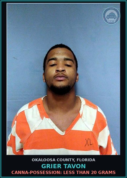 CCW arrest card for Grier Tavon in Okaloosa County: Canna-POSSESSION: LESS THAN 20 GRAMS