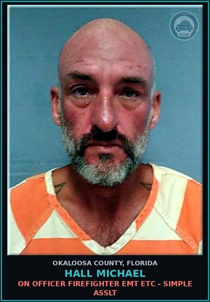CCW arrest card for Hall Michael in Okaloosa County: ON OFFICER FIREFIGHTER EMT ETC - SIMPLE ASSLT