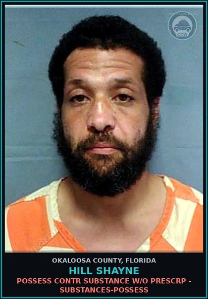 CCW arrest card for Hill Shayne in Okaloosa County: POSSESS contr substance W/O PRESCRIPTION - DRUGS-POSSESS