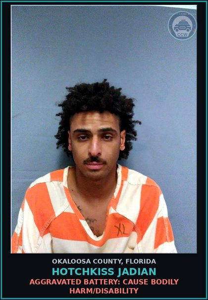 CCW arrest card for Hotchkiss Jadian in Okaloosa County: AGGRAVATED BATTERY: CAUSE BODILY HARM/DISABILITY