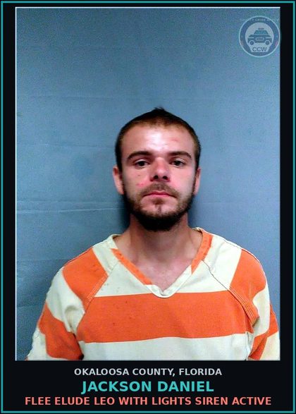 CCW arrest card for Jackson Daniel in Okaloosa County: Flee Elude Leo With Lights Siren Active