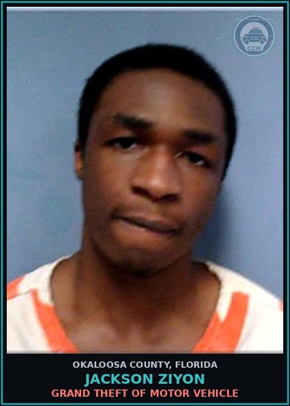 CCW arrest card for Jackson Ziyon in Okaloosa County: Grand Theft Of Motor Vehicle
