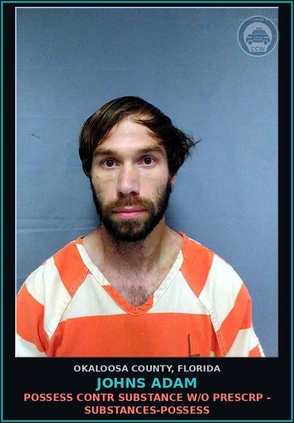 CCW arrest card for Johns Adam in Okaloosa County: POSSESS contr substance W/O PRESCRIPTION - DRUGS-POSSESS