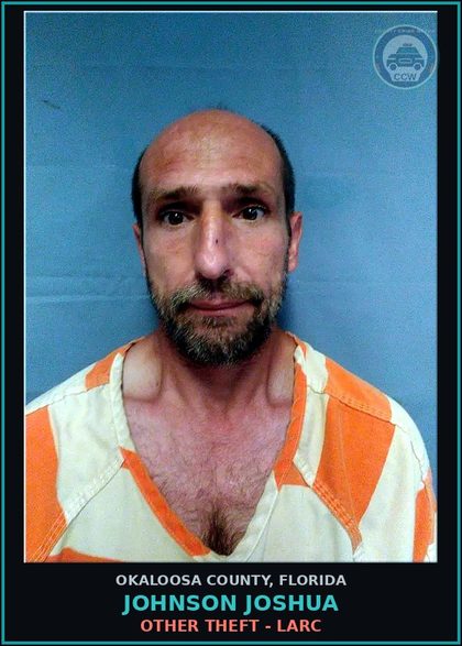 CCW arrest card for Johnson Joshua in Okaloosa County: DWLSR REVOCATION EQUIV STATUS 3RD SUB VIOL - MOVING TRAFFIC VIOL