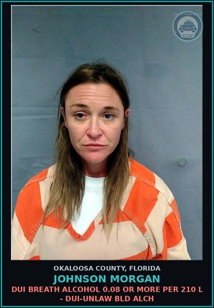 CCW arrest card for Johnson Morgan in Okaloosa County: DUI BREATH ALCOHOL 0.08 OR MORE PER 210 L - DUI-UNLAW BLD ALCH