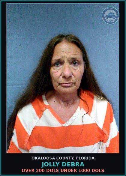 CCW arrest card for Jolly Debra in Okaloosa County: Over 200 Dols Under 1000 Dols