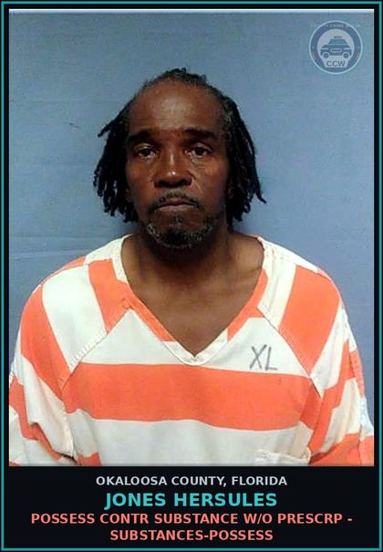 CCW arrest card for Jones Hersules in Okaloosa County: POSSESS contr substance W/O PRESCRIPTION - DRUGS-POSSESS