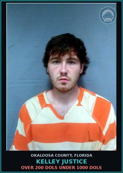 CCW arrest card for Kelley Justice in Okaloosa County: Over 200 Dols Under 1000 Dols