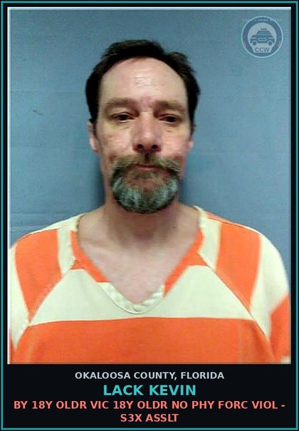 CCW arrest card for Lack Kevin in Okaloosa County: BY 18Y OLDR VIC 18Y OLDR NO PHY FORC VIOL - s3x ASSLT