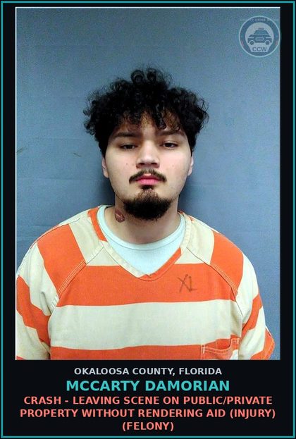 CCW arrest card for Mccarty Damorian in Okaloosa County: CRASH - Leaving scene on public/private property without rendering aid (injury) (FELONY)