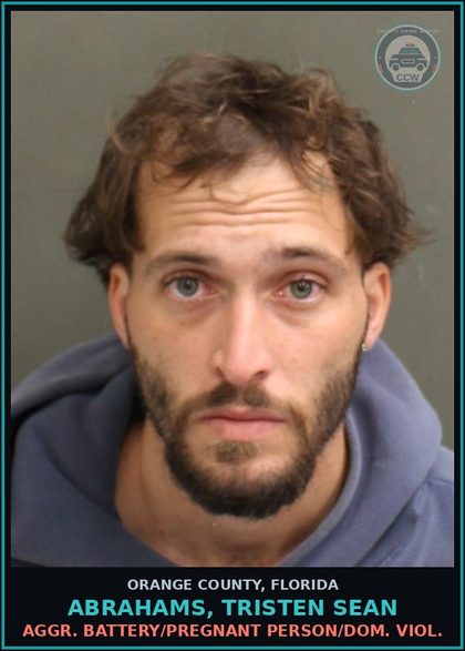 CCW arrest card for ABRAHAMS, TRISTEN SEAN in Orange County: AGGR. BATTERY/PREGNANT PERSON/DOM. VIOL.