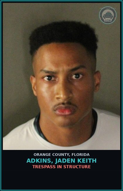 CCW arrest card for ADKINS, JADEN KEITH in Orange County: TRESPASS IN STRUCTURE