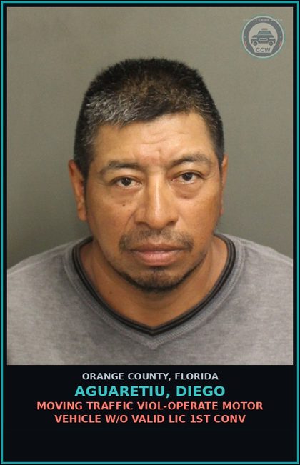 CCW arrest card for AGUARETIU, DIEGO in Orange County: MOVING TRAFFIC VIOL-OPERATE MOTOR VEHICLE W/O VALID LIC 1ST CONV