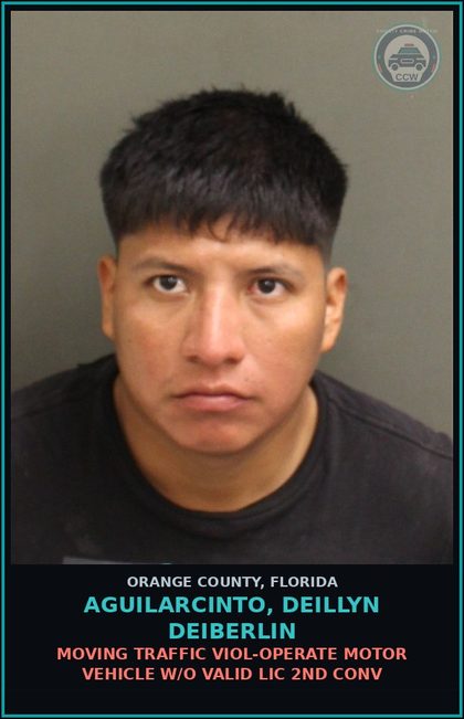 CCW arrest card for AGUILARCINTO, DEILLYN DEIBERLIN in Orange County: MOVING TRAFFIC VIOL-OPERATE MOTOR VEHICLE W/O VALID LIC 2ND CONV