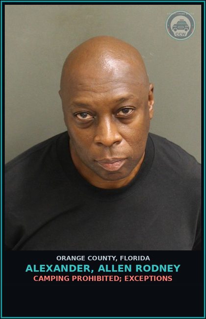 CCW arrest card for ALEXANDER, ALLEN RODNEY in Orange County: CAMPING PROHIBITED; EXCEPTIONS
