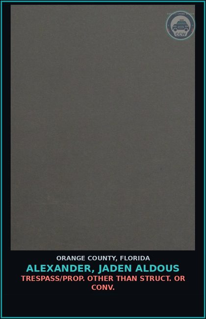 CCW arrest card for ALEXANDER, JADEN ALDOUS in Orange County: TRESPASS/PROP. OTHER THAN STRUCT. OR CONV.