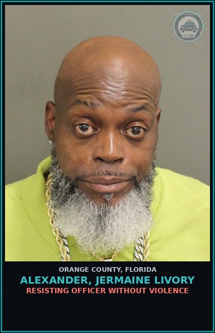 CCW arrest card for ALEXANDER, JERMAINE LIVORY in Orange County: DWLSR REVOCATION EQUIV STATUS 3RD SUB VIOL