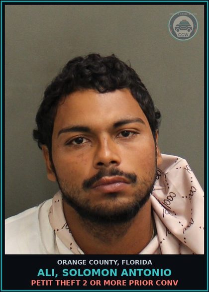 CCW arrest card for ALI, SOLOMON ANTONIO in Orange County: PETIT THEFT 2 OR MORE PRIOR CONV