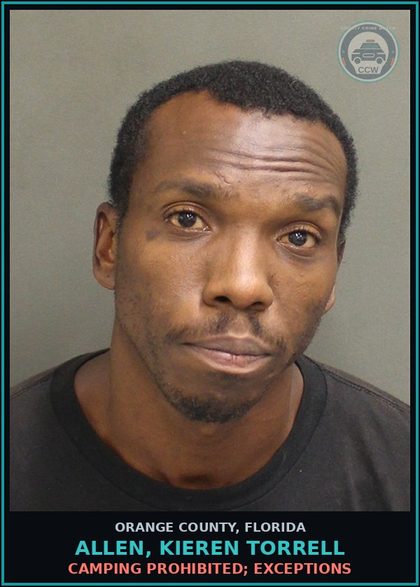 CCW arrest card for ALLEN, KIEREN TORRELL in Orange County: CAMPING PROHIBITED; EXCEPTIONS