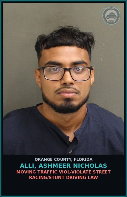 CCW arrest card for ALLI, ASHMEER NICHOLAS in Orange County: MOVING TRAFFIC VIOL-VIOLATE STREET RACING/STUNT DRIVING LAW