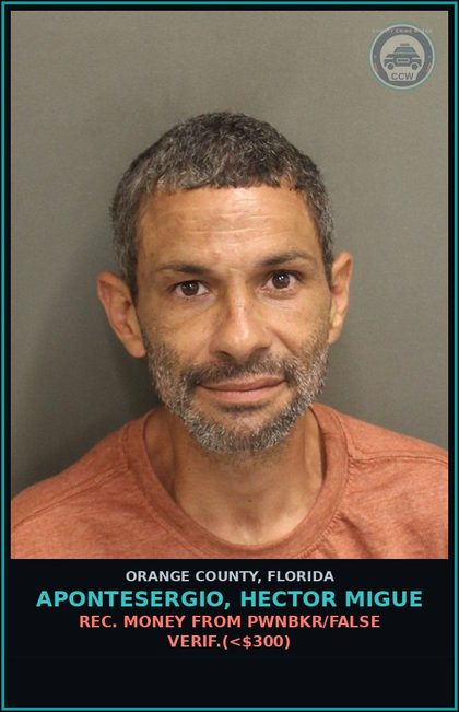 CCW arrest card for APONTESERGIO, HECTOR MIGUE in Orange County: REC. MONEY FROM PWNBKR/FALSE VERIF.(<$300)