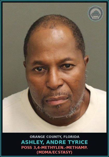 CCW arrest card for ASHLEY, ANDRE TYRICE in Orange County: POSS 3,4-METHYLEN.-METHAMP. (MDMA/ECSTASY)