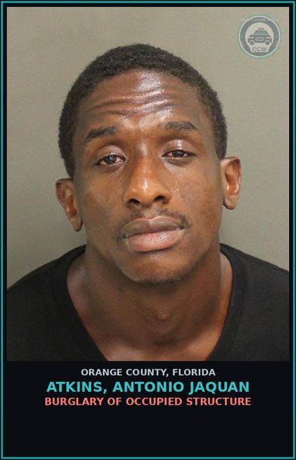 CCW arrest card for ATKINS, ANTONIO JAQUAN in Orange County: BURGLARY OF OCCUPIED STRUCTURE