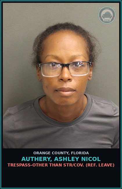 CCW arrest card for AUTHERY, ASHLEY NICOL in Orange County: TRESPASS-OTHER THAN STR/COV. (REF. LEAVE)