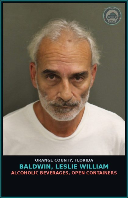 CCW arrest card for BALDWIN, LESLIE WILLIAM in Orange County: ALCOHOLIC BEVERAGES, OPEN CONTAINERS
