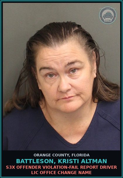 CCW arrest card for BATTLESON, KRISTI ALTMAN in Orange County: s3x OFFENDER VIOLATION-FAIL REPORT DRIVER LIC OFFICE CHANGE NAME