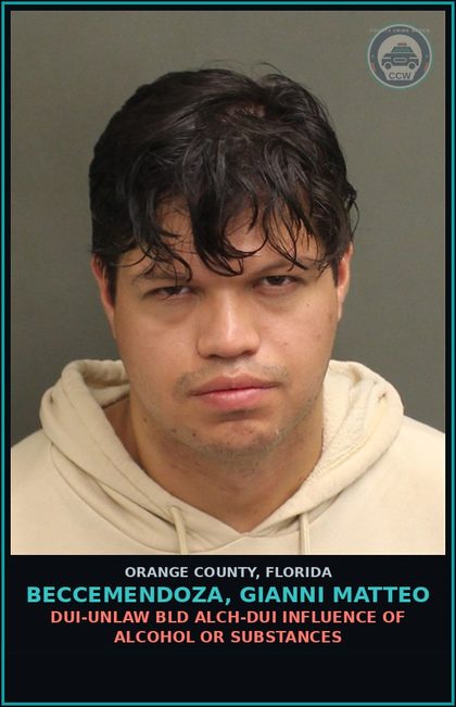 CCW arrest card for BECCEMENDOZA, GIANNI MATTEO in Orange County: DUI-UNLAW BLD ALCH-DUI INFLUENCE OF ALCOHOL OR DRUGS
